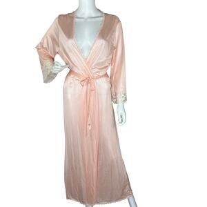 Vintage 70s Jill Andrea Long Robe Satin Lace Trim Peach Coquette Size 1X